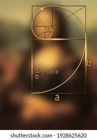 Golden Ratio in dotted line in Renaissance painting. Fibonacci Sequence geometric gold spiral made from quarter circles. vector isolated on color of Mona Lisa concept background 