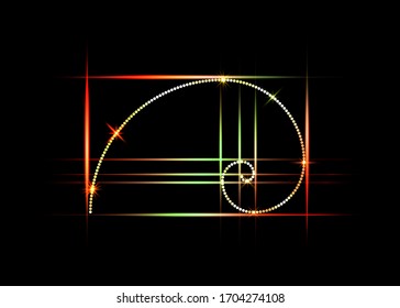 Golden ratio. Fibonacci number, colorful section, divine proportion and shiny spiral in neon sign, vector isolated on black background