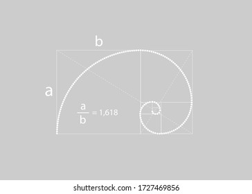 Golden ratio. Fibonacci number with the mathematical formula, golden section, divine proportion and white spiral in polka dots style, vector isolated on grey background