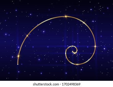 Golden ratio. Fibonacci number, golden section, divine proportion and shiny gold spiral, vector isolated on blue starry night sky background 