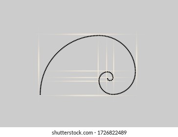 Golden Ratio. Fibonacci Number, Golden Section, Divine Proportion And Black Spiral In Polka Dots Style, Vector Isolated On Grey Background