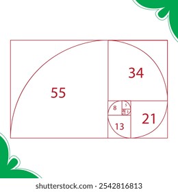 Razão dourada. Número de Fibonacci, seção, proporção divina, espiral. Ilustração moderna.