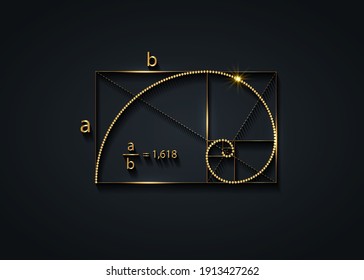 Golden ratio. Fibonacci Sequence number, golden section, divine proportion and shiny gold spiral, geometric spiral made from quarter circles, vector isolated on black background