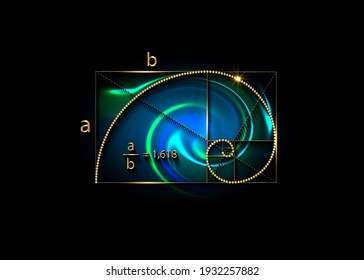 Golden ratio. Fibonacci Sequence number, golden section, divine proportion and shiny gold spiral, geometric spiral made from quarter circles, vector isolated on black and colorful background
