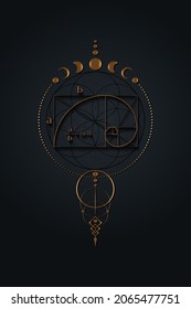 Golden ratio, Fibonacci Sequence number, mystical flower of life and Moon Phases, Sacred geometry. Gold divine proportion wicca banner, energy circles, boho style vector isolated on black background