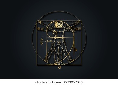 Goldenes Verhältnis. Fibonacci-Sequenznummer und Vitruvian Man von Leonardo Da Vinci - luxuriöse goldene Textur, göttliche Proportion, Vektorgrafik einzeln auf schwarzem Hintergrund