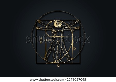 Golden ratio. Fibonacci Sequence number and Vitruvian Man by Leonardo Da Vinci - luxury gold texture, divine proportion, vector illustration isolated on black background