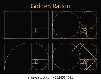 Golden Ratio Fibonacci set. A spiral for harmony, composition, logos and designs. Art gold. Spiral pattern. Line drawing. Luxury gold Logo. Vector illustration