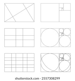 Golden ratio frames, rectangles. Method golden section. Set of harmony proportions grids. Fibonacci array, numbers. Outline graphic layout.