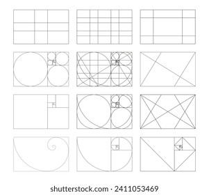 Golden ratio frames set. Method golden section template. Fibonacci array, numbers. Harmony proportions grid. Outline vector illustration. Eps.