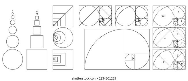 Conjunto de conceptos geométricos de la relación de oro. Colección de proporciones divinos. Formas geométricas con iconos de composición de sección ideales. Armonía geométrica e ilustración del vector de balance