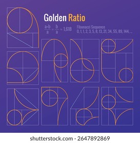 Conjunto de conceitos geométricos da razão dourada. Coleção de proporção divina. Formas geométricas com ícones ideais de composição de seção. Harmonia geométrica e ilustração do vetor de equilíbrio