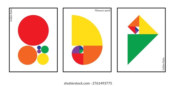 Golden ratio geometric set with circles, Fibonacci spiral and colorful triangles; abstract math vector illustration