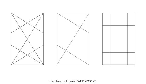 Cuadrícula de la relación de oro. Plantilla de sección dorada del método. Matriz de Fibonacci, iconos de números. Armonía de las proporciones de oro marcos. Ilustración gráfica de vector de contorno.