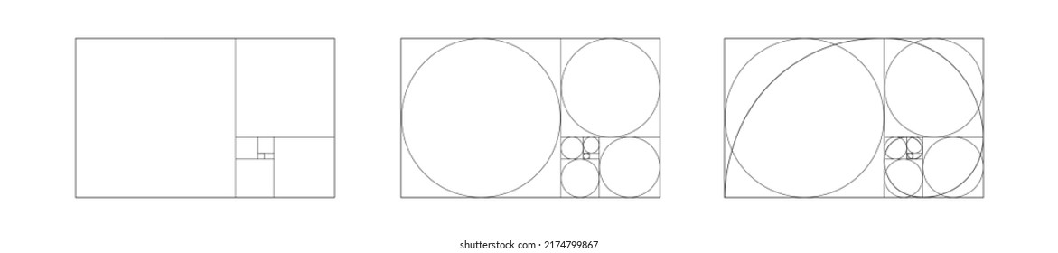 Golden ratio icons set. Rectangle frame fracted on squares, circles and with logarithmic spiral. Fibonacci sequence symbol. Harmony proportions template for photography. Vector outline illustration