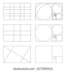 Golden ratio layout set. Method golden section mockup. Fibonacci array, numbers shapes. Harmony proportions frames. Outline graphic illustration.