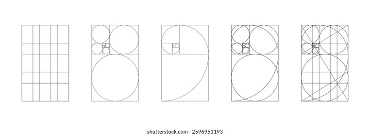 Golden ratio minimalist set. Method golden section mockups. Fibonacci array, numbers shapes. Harmony proportions frames template. Outline graphic illustration. Collection of harmony proportions grids.