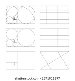 Golden ratio mockup. Method golden section frames. Fibonacci array, numbers. Set of harmony proportions layouts. Outline graphic illustration.