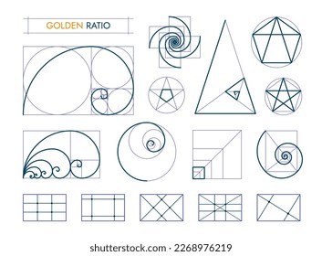 Goldene Proportionen, Kompositionsgleichgewicht. Vektorset geometrischer Formen, göttliche universelle Bedeutungen. Spiral, Gitter, Fibonacci-Array für ästhetisch erfreuliche Harmonie in Kunst, Design, Architektur