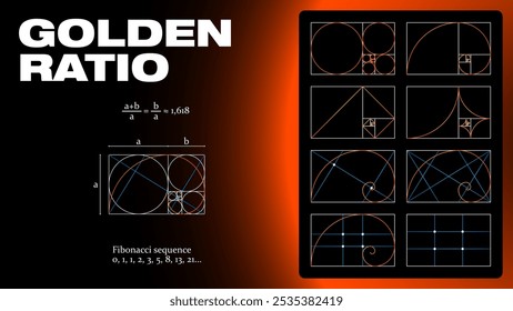 Proporciones de proporción dorada, equilibrio de composición. Vector conjunto de Formas geométricas, significados universales divinos. Arreglo espiral, rejilla, fibonacci para una armonía estéticamente agradable en el arte, el diseño, la arquitectura