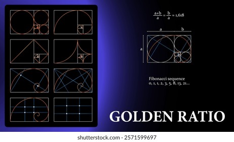 Golden ratio proportions, composition balance. Vector set of geometric shapes, divine Universal meanings. Spiral, grid, fibonacci array for aesthetically pleasing harmony in art, design, architectu