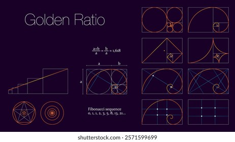 Golden ratio proportions, composition balance. Vector set of geometric shapes, divine Universal meanings. Spiral, grid, fibonacci array for aesthetically pleasing harmony in art, design, architectu