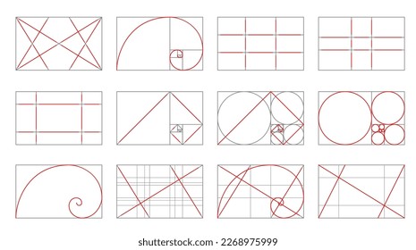 Golden ratio proportions. Fibonacci frames, composition patterns or templates, mathematics and geometry sequence grids, image symmetry or balance vector backgrounds with circles and divine lines