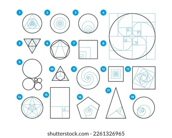 Regeln für das Goldene Verhältnis Geometrische Harmonie der idealen Proportionen, dreidimensionale Herrschaft und Fibonacci-Sequenz, visuelle Kunstmathematik-Komposition. Vektorset. Runde und rechteckige Rahmen