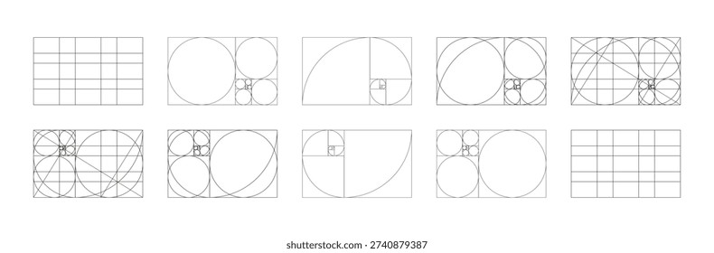 Golden ratio samples. Fibonacci array, numbers forms. Harmony proportions frames. Golden Spiral patterns. Method golden section black icons. Outline thin graphic.
