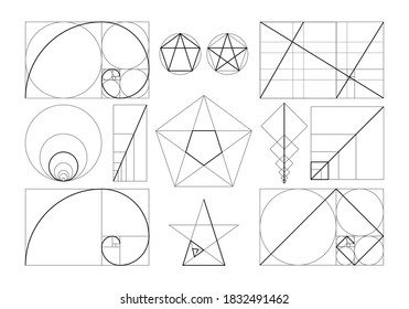 Golden ratio set. Isolated flat spiral, geometric shapes with ideal section composition icons. Golden ratio divine proportion collection. Geometry harmony and balance vector illustration