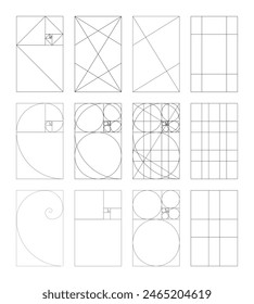 Golden ratio set. Method golden sections theory. Fibonacci array and numbers. Harmony proportions. Outline template. Vector graphic illustration.