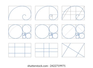 Relación de oro establecida. Proporciones de balance de composición de plantillas en geometría y líneas espirales. Secuencia de Fibonacci.