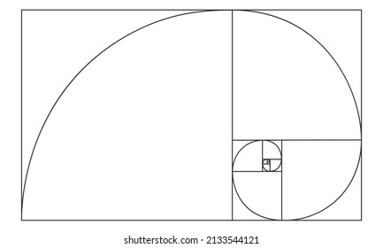 Signo de proporción dorada. Espiral logarítmica en rectángulo. Forma de la concha de Nautilus. Secuencia Leonardo Fibonacci. Plantilla de proporciones de simetría de naturaleza ideal. Símbolo matemático. Ilustración del contorno del vector.