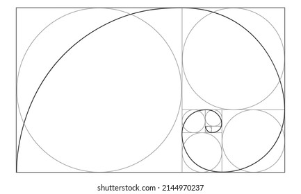 Golden ratio sign. Logarithmic spiral in rectangle with squares and circles. Leonardo Fibonacci Sequence. Ideal symmetry proportions template. Mathematics symbol. Vector outline illustration.