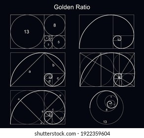 Golden Ratio Sign Thin Line Set on a Black Background Geometry Proportion and Balance Concept. Vector illustration of Spiral