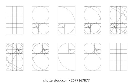 Modelo simples de proporção dourada. Matriz de Fibonacci, formas de números. Grande conjunto de amostras de método de seção dourada. As proporções de harmonia são quadros pretos finos. Ilustração plana gráfica em contorno sobre fundo branco.