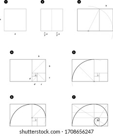 Golden ratio, spiral construction. Line design, editable strokes. Mathematics formula, drawings. Vector illustration isolated on white background, EPS 10