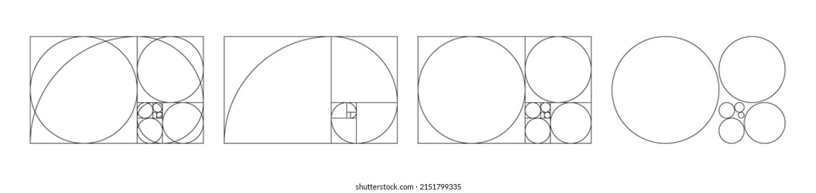 Golden ratio spiral. Spiral of fibonacci. Golden ratio section with geometry proportion. Divine gold line. Set of harmony geometric composition. Vector.