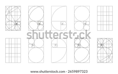 Golden ratio template big set. Method golden section samples. Fibonacci array, numbers forms. Harmony proportions black frames. Outline graphic thin illustration on white background.	