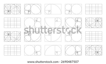 Golden ratio template big set. Fibonacci array, numbers forms. Method golden section samples. Harmony proportions frames. Outline graphic thin illustration.