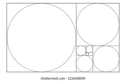 Golden Ratio Template. Circles In Squares In Rectangle Frame. Fibonacci Sequence. Ideal Symmetry Proportions Grid. Vector Outline Illustration.