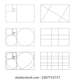 Golden ratio template collection. Fibonacci array, numbers. Golden proportions set. Vector illustration.