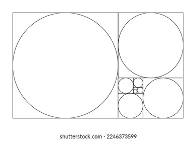 Golden ratio template. Divine, golden proportion. Method golden section. Fibonacci array, numbers. Harmony proportions. Rectangle frame fracted squares. Golden ratio circles.