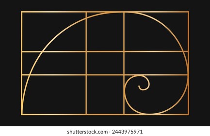 Plantilla de proporción dorada. Espiral logarítmica dorada en marco rectangular dividida en líneas. Cuadrícula de secuencia de Fibonacci. Diseño de proporciones de simetría perfecta. Fórmula gráfica de armonía de Naturaleza. Ilustración vectorial.