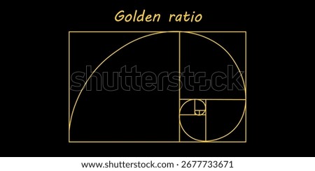 Golden ratio template. Gold logarithmic spiral in rectangle frame divided on squares. Fibonacci sequence grid. Leonardo da Vinci divine proportion. Ideal nature symmetry layout
