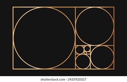 Plantilla de proporción dorada. Marco rectangular dorado dividido en cuadrados y círculos. Cuadrícula de secuencia de Fibonacci. Diseño ideal de proporciones de simetría de la naturaleza. Ilustración vectorial.