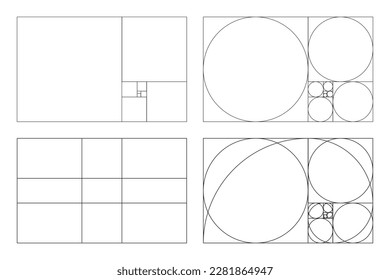 Golden ratio template. Method golden section. Harmony proportions. Outline vector illustration. Fibonacci array, numbers. Golden proportion.	