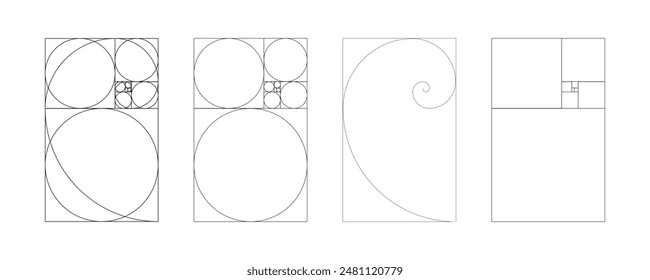 Plantilla de proporción dorada. Método conjunto de sección dorada. Matriz de Fibonacci, números. Patrón de proporciones armoniosas. Ilustración gráfica de contorno.