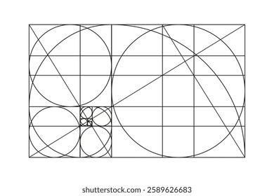 Golden ratio template. Method golden section pattern. Fibonacci array, numbers, shapes mockup. Harmony proportions frame. Outline graphic illustration.