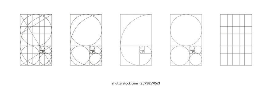 Golden ratio template minimalist set. Method golden section mockups. Fibonacci array, numbers forms. Harmony proportions frames. Outline graphic illustration.